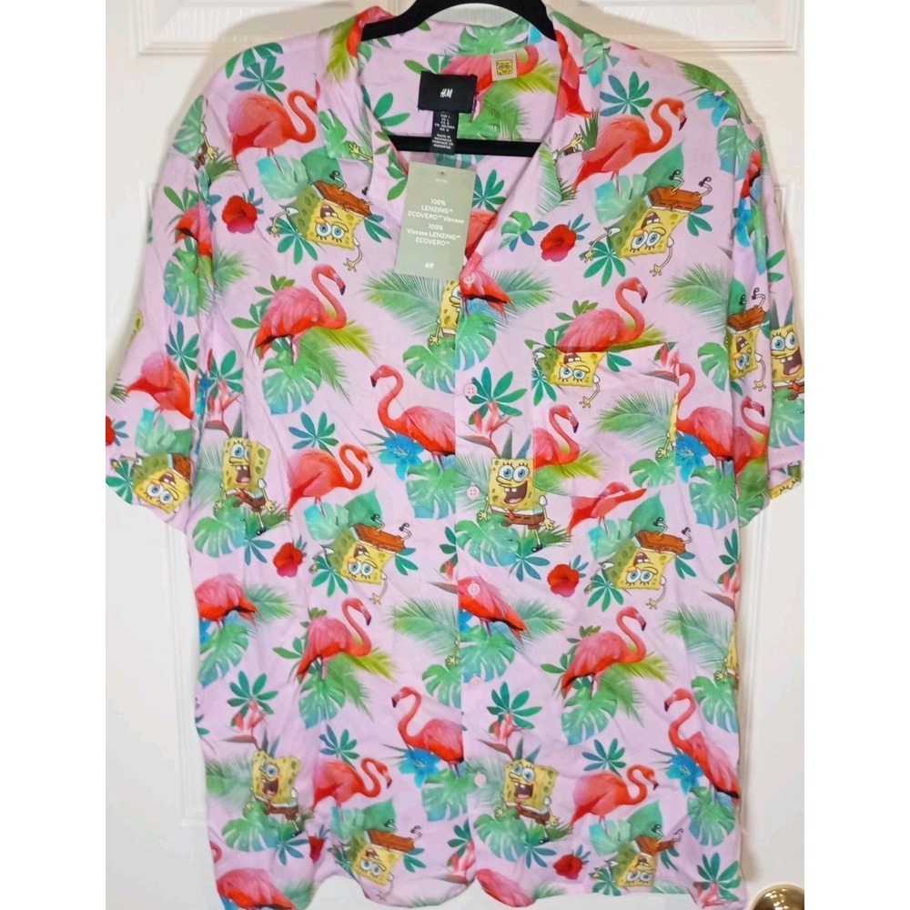 NWT SpongeBob SquarePants AOP Hawaiian Shirt Men's L
